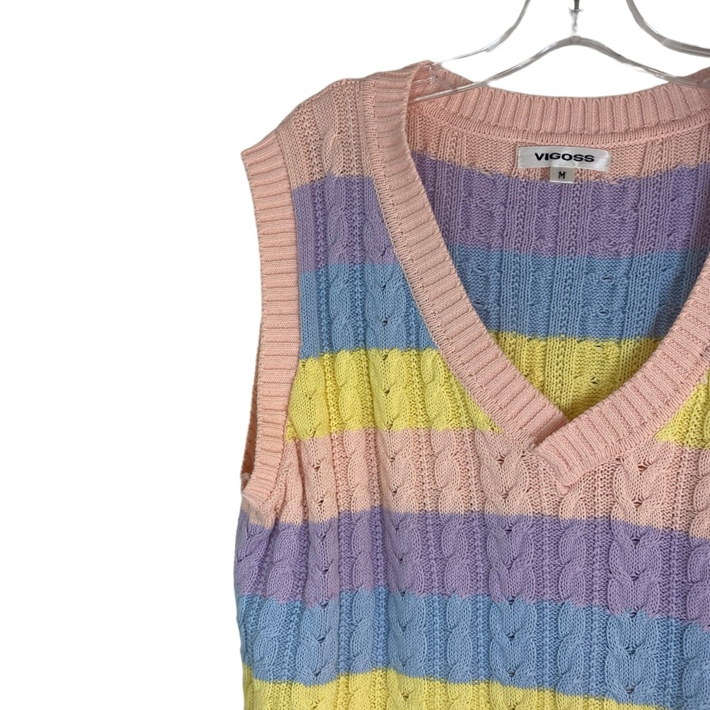 Vigoss Cableknit Sweater Vest Pastel Stripes, Size M Preppy CollegeCore - Picture 4 of 10